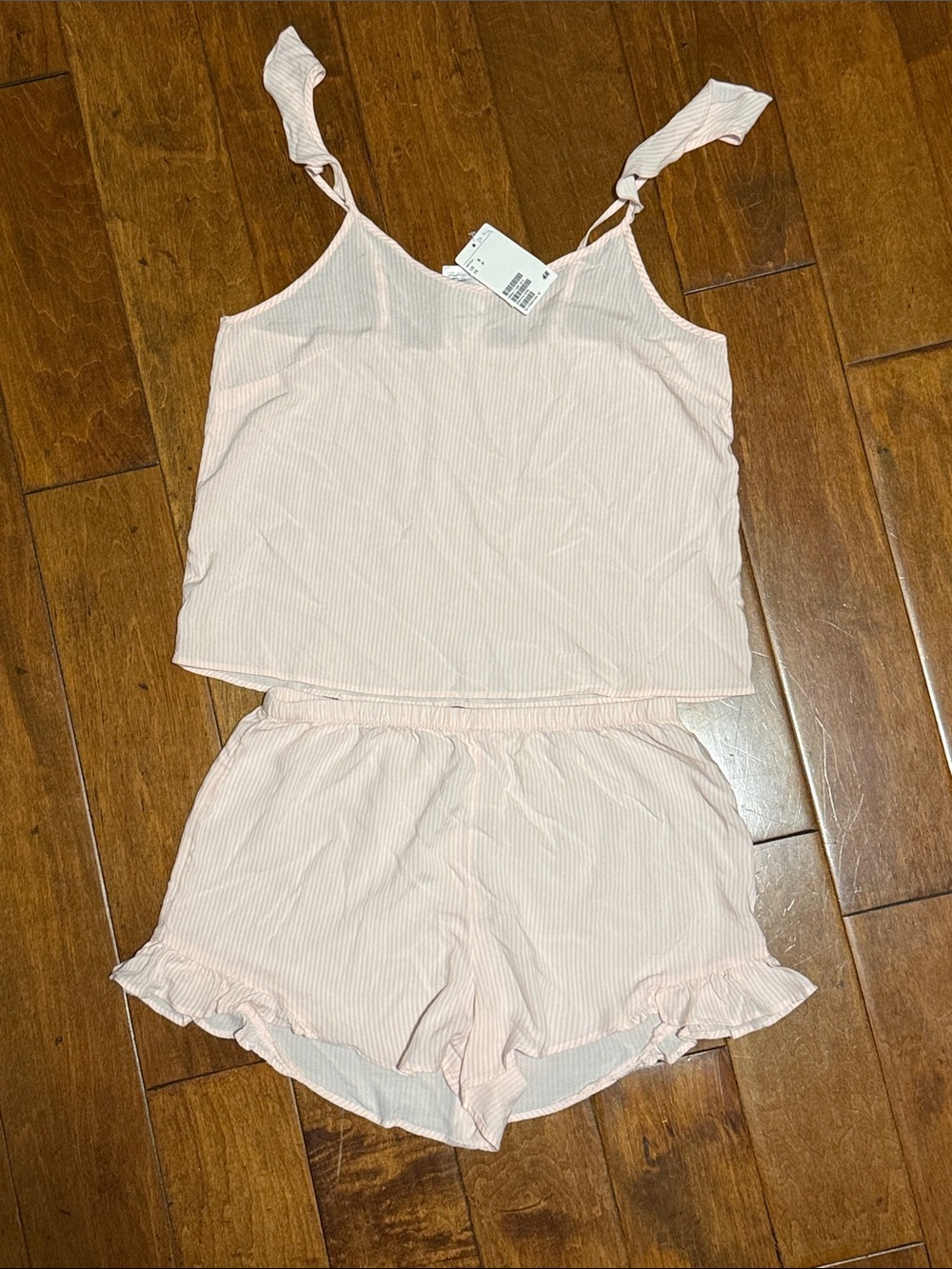 H&M Light Pink & White Pin Stripe Ruffled Cami and Shorts Pajama Set Size Small